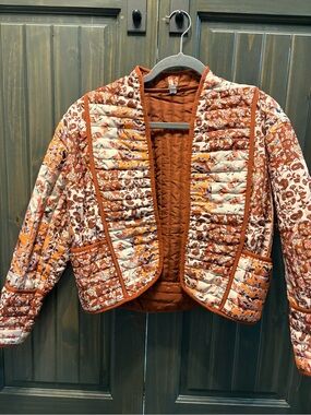 Rust Printed Quilted Open-Front Puffer Jacket